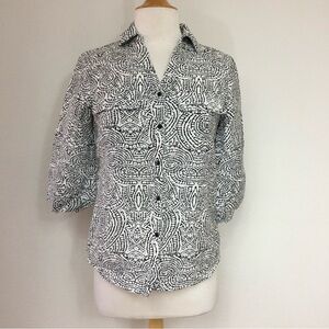 Darjoni Black White Linen Boho Tribal Button Down 3/4 Sleeve Shirt Size Small